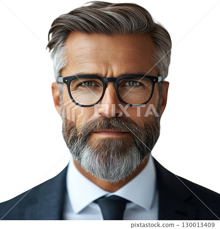 Business professional with gray hair and glasses in a formal suit on plain isolated background Business professional with gray hair and glasses in a formal suit on plain isolated background 130013409