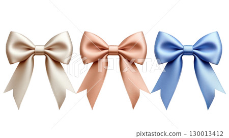Elegant collection of isolated satin bows in cream, peach, and blue colors for decorative purposes 130013412