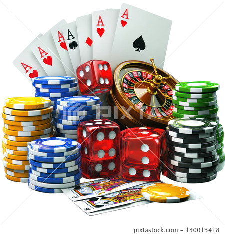 Exciting gambling scene with playing cards, dice, and roulette at a casino tabletop setup 130013418