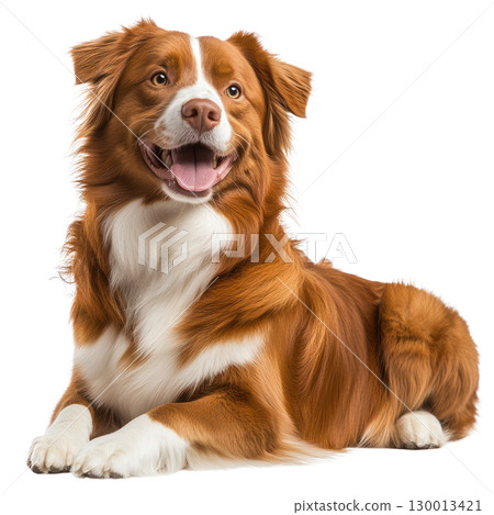 Friendly brown and white dog lying comfortably in an isolated setting, showing joy and warmth with a happy expression Friendly brown and white dog lying comfortably in an isolated setting, showing joy and warmth with a happy expression 130013421