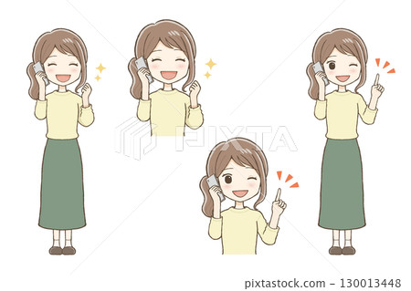 A woman in a long skirt is talking happily on her cell phone (fist pump, pointing) 130013448