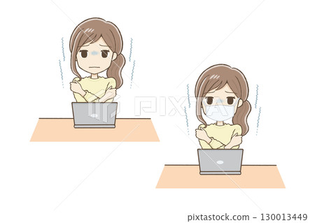 A woman in yellow clothes shivering in front of a computer 130013449
