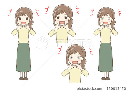 A woman in a long skirt has a surprised expression 130013450