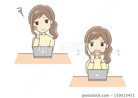 一名身穿黃色衣服的女子在電腦前思考並感到恐慌 130013451