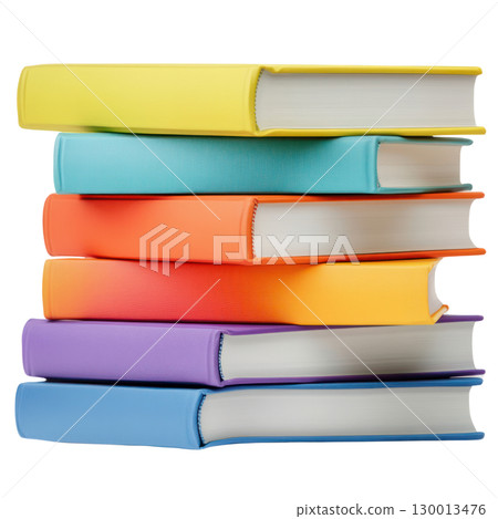 Stacked colorful hardcover books on a white background showcasing bright hues and clean designs 130013476