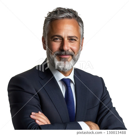 Professional man in suit poses confidently with arms crossed against white background Professional man in suit poses confidently with arms crossed against white background 130013488