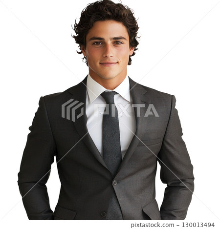 Confident young man in a formal suit standing with a slight smile against a plain background 130013494