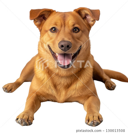 Happy brown dog lying down with a cheerful expression in an isolated setting 130013508