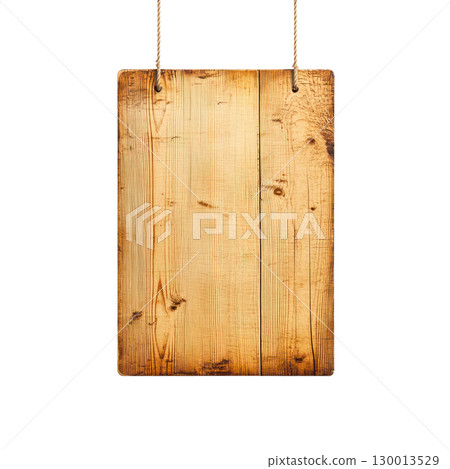 Rustic wooden sign hanging on a rope with a plain background for decoration or display 130013529