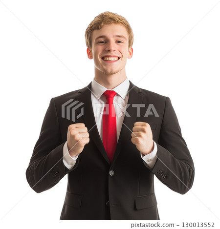 Young man in a suit celebrating with fists raised in a joyful gesture against a white background 130013552