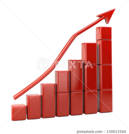 Red chart displaying rising growth trend with stacked bars showing progress and improvement in data analysis Red chart displaying rising growth trend with stacked bars showing progress and improvement in data analysis 130013568