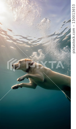 Underwater hound swims gracefully under the water surface with paws waving and bubbles rising 130013653