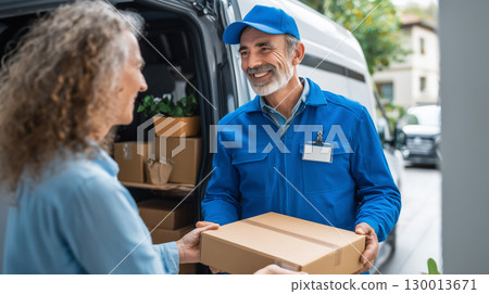 Driver handing package  to a woman at home, delivery service. 130013671