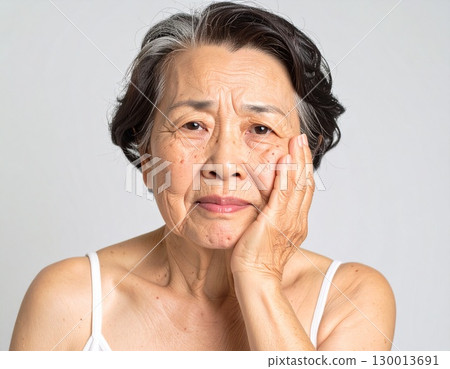 An elderly woman with her hand on her cheek, concerned about skin problems. AI-generated image 130013691