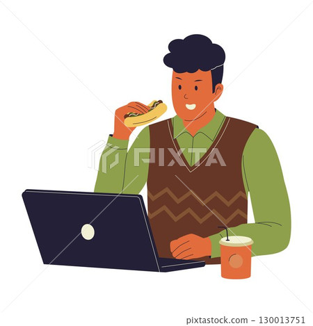 Man Working from Home While Eating Lunch Illustration Man Working from Home While Eating Lunch Illustration 130013751