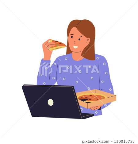 Woman Working While Eating Pizza Illustration Woman Working While Eating Pizza Illustration 130013753