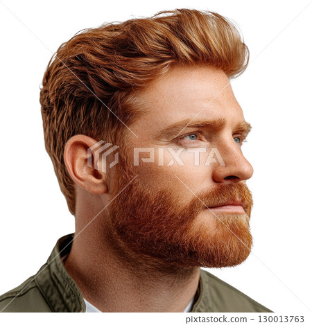 Profile view of a man with red hair and beard showcasing a confident expression against a white background Profile view of a man with red hair and beard showcasing a confident expression against a white background 130013763