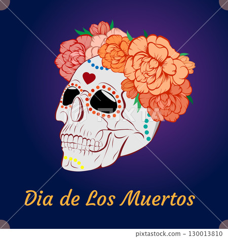 Vector illustration of an ornately decorated Day of the Dead (Dia de los Muertos) sugar skull, or calavera. Vector illustration of an ornately decorated Day of the Dead (Dia de los Muertos) sugar skull, or calavera. 130013810
