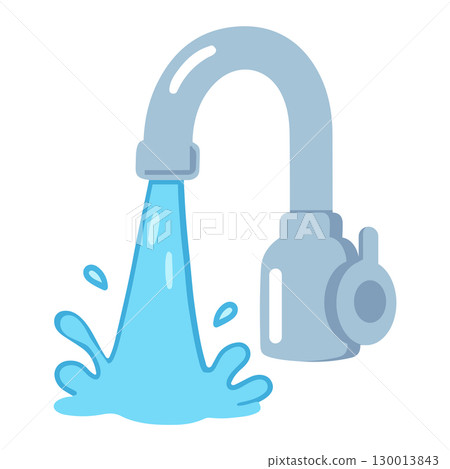 Cartoon Illustration of Faucet with Flowing Water 130013843
