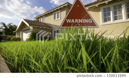 Bright green grass and warning sign near residential home during sunny day 130013894