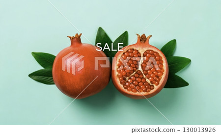 Fresh pomegranates displayed on a light blue background with sale promotion for seasonal fruit lovers 130013926