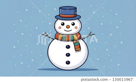 Snowman with colorful scarf and hat enjoys a winter day against a blue background with falling snow Snowman with colorful scarf and hat enjoys a winter day against a blue background with falling snow 130013967