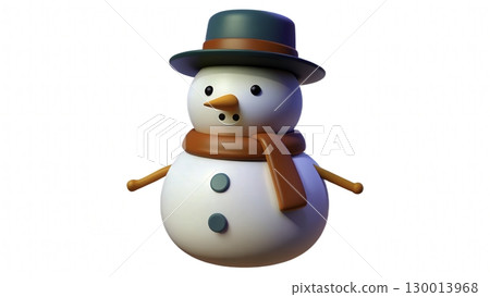 Snowman decoration in winter setting with colorful accessories and cheerful expression for festive celebrations 130013968