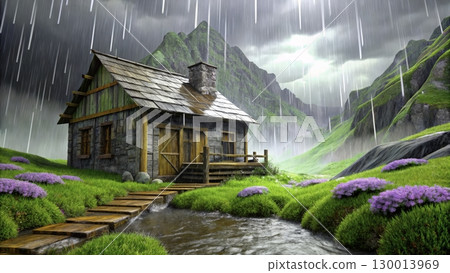 Majestic mountain cabin surrounded by vibrant flowers during a rainy day in a serene landscape 130013969