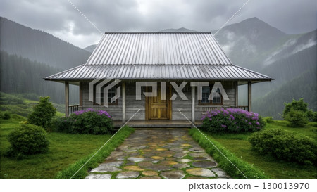 Cozy wooden house surrounded by greenery and mountains during a rainy day 130013970