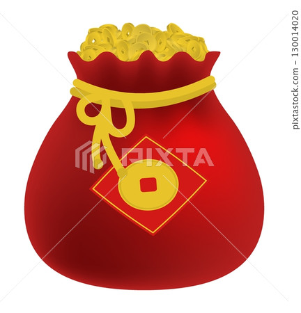 Gold Chinese coins poured into a red velvet bag purse tied with a gold rope. Cartoon festive vector isolated on white background 130014020