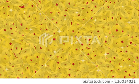 Golden Chinese coins piled in a glittering heap on a red background. Festive vector for banner and advertising poster design for Chinese new year 130014021