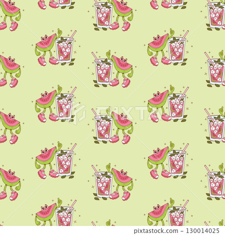 Seamless Pattern. Cute Pink Guava Groovy Character with Drink Cocktail smoothie with ice cubes, tropical slices and Mint leaves with straw on green Background. Funny Fruit. Vector illustration 130014025