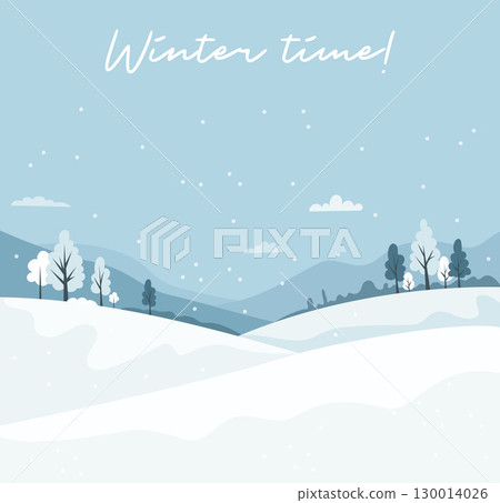 Winter Mountain Snow landscape poster. Seasonal Nature with White Trees and Hills. Minimal winter-time background square banner. Vector illustration. Not AI 130014026