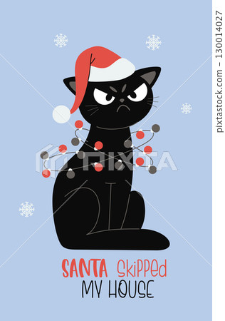 Angry frustrated Christmas Black Cat in Santa Hat in Festive Garland Under Snowflakes. Winter Funny grumpy Pet character Cool Card with slogan. Vector illustration. Not AI 130014027