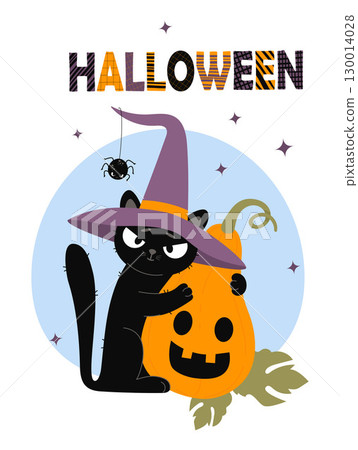 Halloween Cute Black Cat In Witch Hat With spider and Pumpkin lantern Jack. Autumn holiday Funny happy Pet character. Vector illustration. Not AI Halloween Cute Black Cat In Witch Hat With spider and Pumpkin lantern Jack. Autumn holiday Funny happy Pet character. Vector illustration. Not AI 130014028