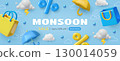 Monsoon sale banner with 3D style shopping bags, umbrellas, clouds and rain drops 130014059