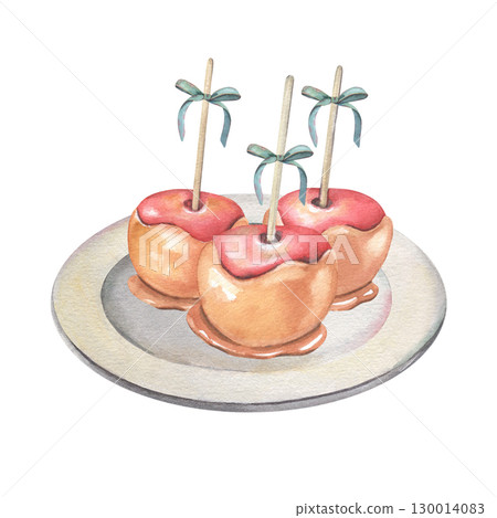 Caramel apples with blue bows on plate. Hand-painted watercolor illustration of sweet snack isolated on white background. Ideal for winter fairs, holiday treats, festive menus, Christmas markets Caramel apples with blue bows on plate. Hand-painted watercolor illustration of sweet snack isolated on white background. Ideal for winter fairs, holiday treats, festive menus, Christmas markets 130014083