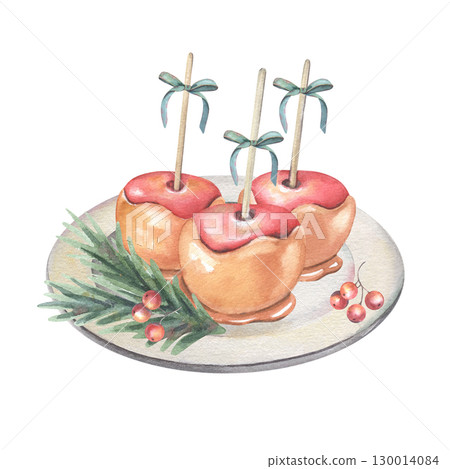 Caramel apples with blue bows, fir branches, berries on plate. Hand-painted watercolor illustration isolated on white background for winter fairs, holiday treats, festive menus, Christmas markets 130014084