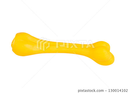 Yellow plastic toy bone isolated on white background. Dog chew toy, durable rubber for pets Yellow plastic toy bone isolated on white background. Dog chew toy, durable rubber for pets 130014102