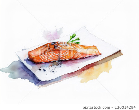 A simple presentation of grilled salmon painted in watercolor style | Grilled salmon, salmon, Japanese food, fish dish, plate, watercolor style 130014294