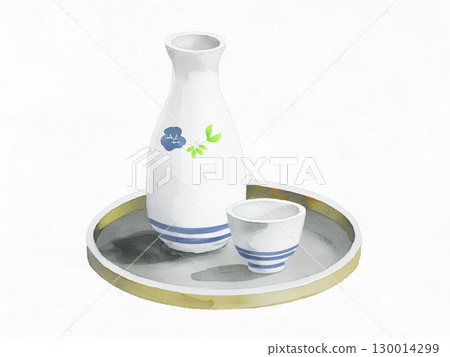 圓形托盤上的藍綠色圖案酒瓶和酒杯 | 酒瓶，酒杯，清酒，酒具，白色背景，圖案 130014299