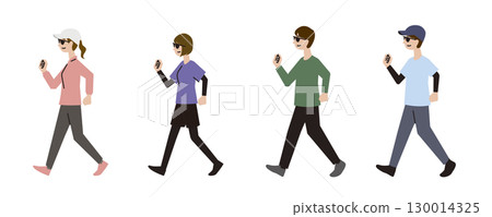 Illustration set of men and women wearing sunglasses and walking Illustration set of men and women wearing sunglasses and walking 130014325