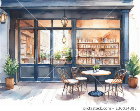 European-style cafe exterior with the warmth of wood | Cafe, terrace seating, exterior, wooden furniture, watercolor style, plants 130014393