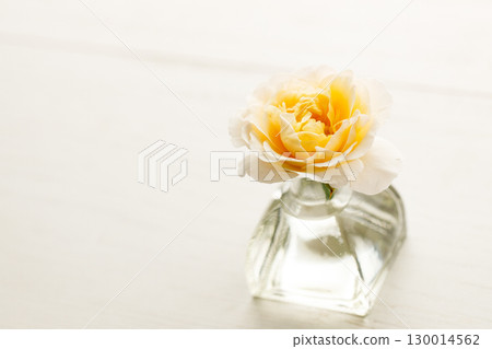 Yellow beautiful rose in glass vase on wooden table. Selective focus. 130014562