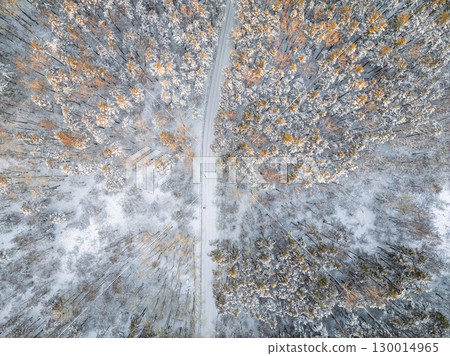 Aerial view of the road in the winter forest with high pine or spruce trees covered by snow. Driving in winter. Aerial view of the road in the winter forest with high pine or spruce trees covered by snow. Driving in winter. 130014965