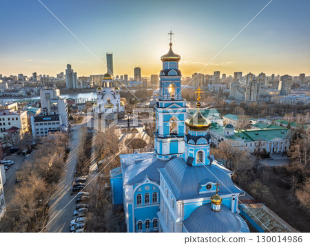 Spring or Autumn Yekaterinburg, Temple of the Ascension and Temple on Blood in beautiful clear sunset. Spring or Autumn Yekaterinburg, Temple of the Ascension and Temple on Blood in beautiful clear sunset. 130014986