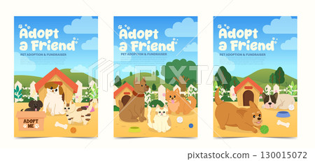 Pet adoption promotion featuring playful dogs and friendly cats in a vibrant landscape. Vector illustration 130015072