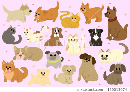 Pet love celebration with cute dogs and cats in a playful setting. Vector illustration 130015074