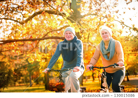 senior couple relaxing outdoors in autumn park 130015086