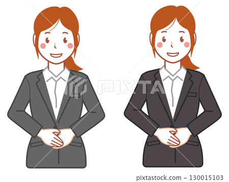 A young woman in a gray suit with her hands folded in front of her 130015103